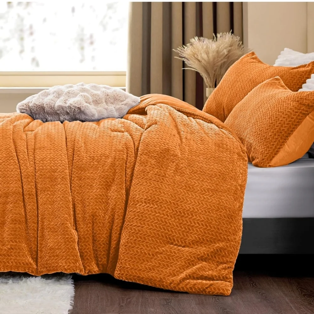 Flannel Fleece Comforter King Set - Furry Burnt Orange Leaves Pattern Faux Fur